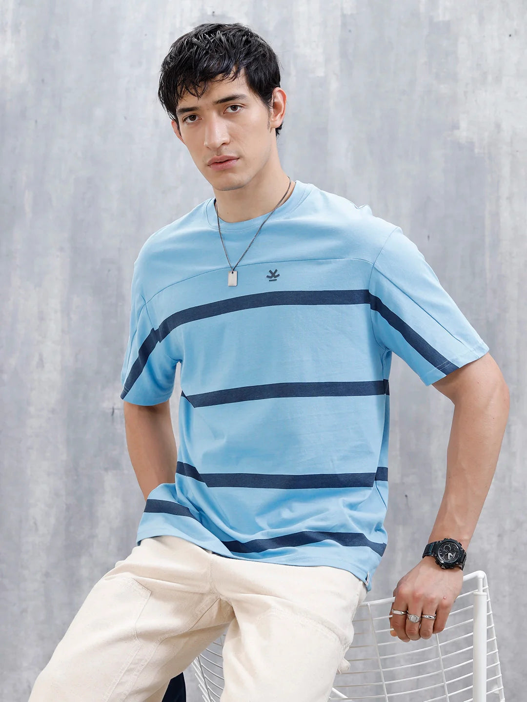 Striped Men's Casual Oversized Fit T-Shirt | Blue