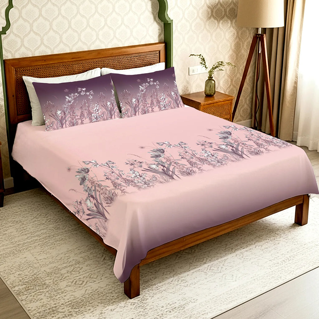 Serene 300 TC 100% Cotton Bedsheet with Pillow Covers, Panel Design - Aranya Mauve