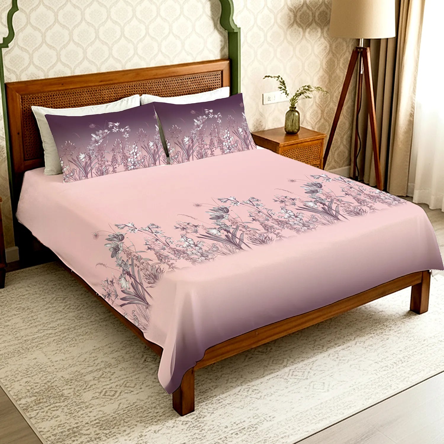 Serene 300 TC 100% Cotton Bedsheet with Pillow Covers, Panel Design - Aranya Mauve