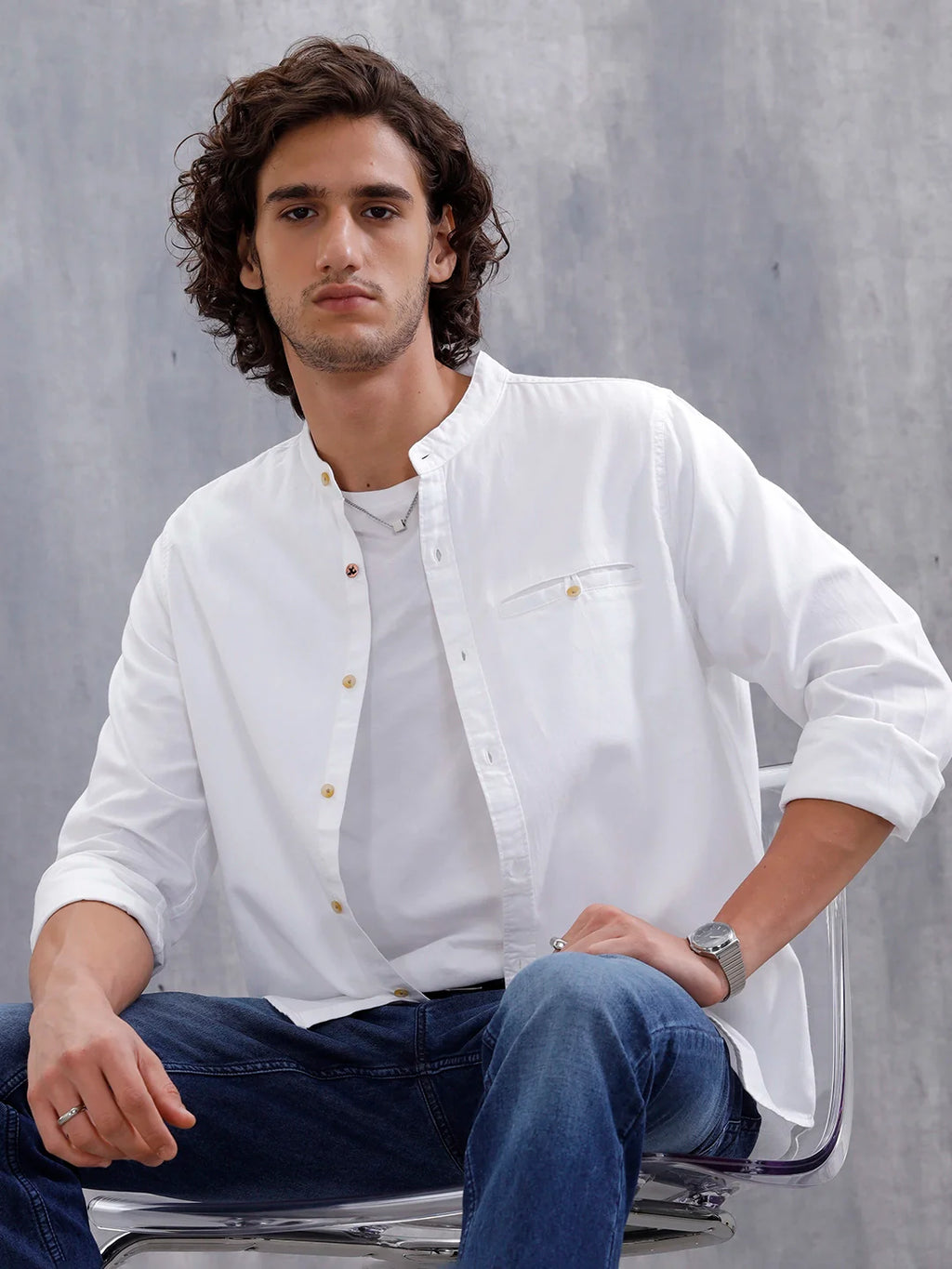 100% Cotton Solid Mandarin Collar Shirt | Off White