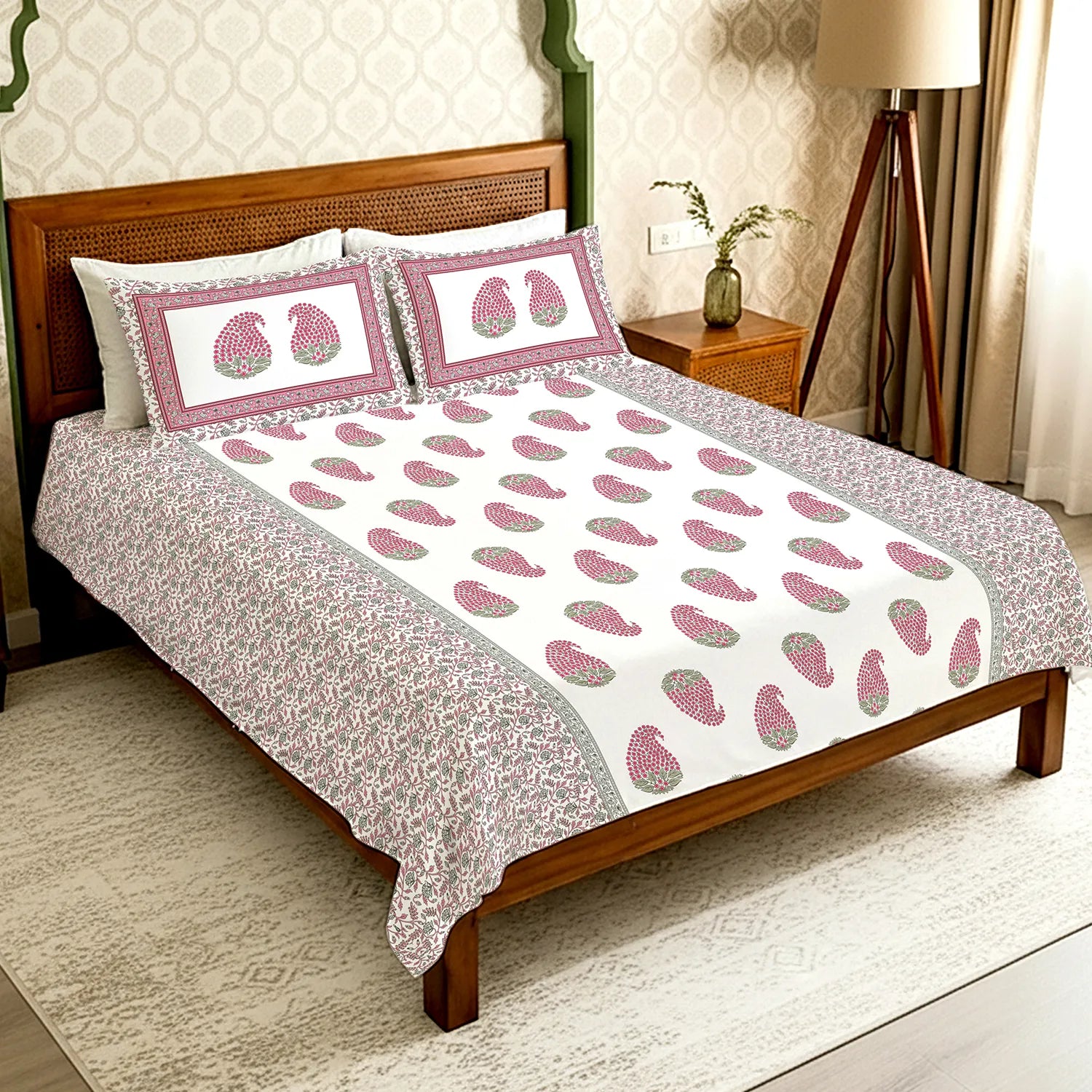 Serene 300 TC 100% Cotton Bedsheet with Pillow Covers, Panel Design - Kairavi Pink
