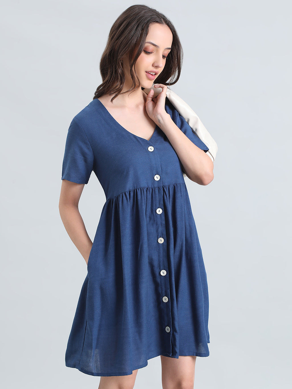 Linen V-Neck Regular Fit Short Dress
