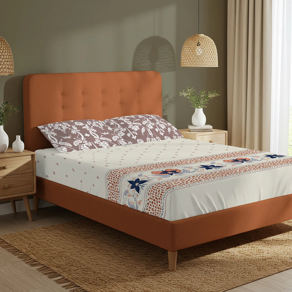 Serene 200 TC 100% Cotton Bedsheet with Pillow Covers - Ivy Bloom Terra