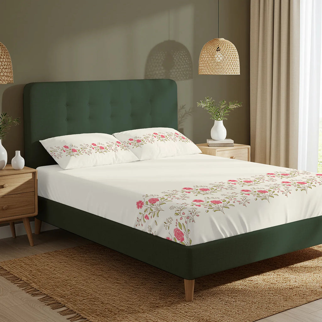 Serene 200 TC 100% Cotton Bedsheet with Pillow Covers - Poppy Blooms