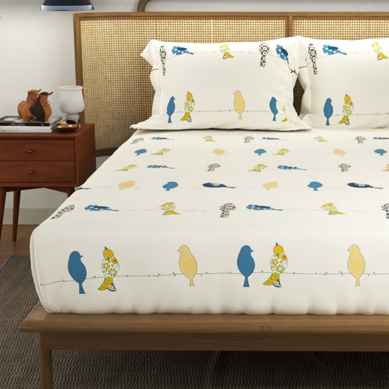 Divine Collection - Cotton Bedsheet With 2 Pillow Covers, Humming Bird Blue