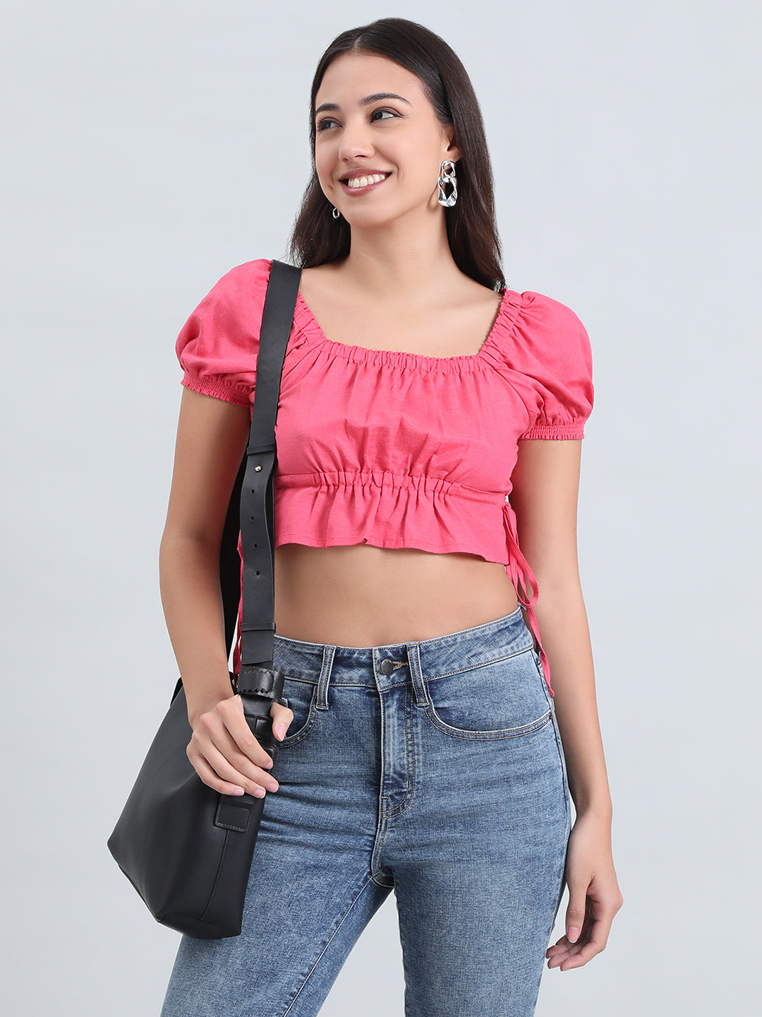 Linen Blend Square Neck Cropped Gathered Blouse