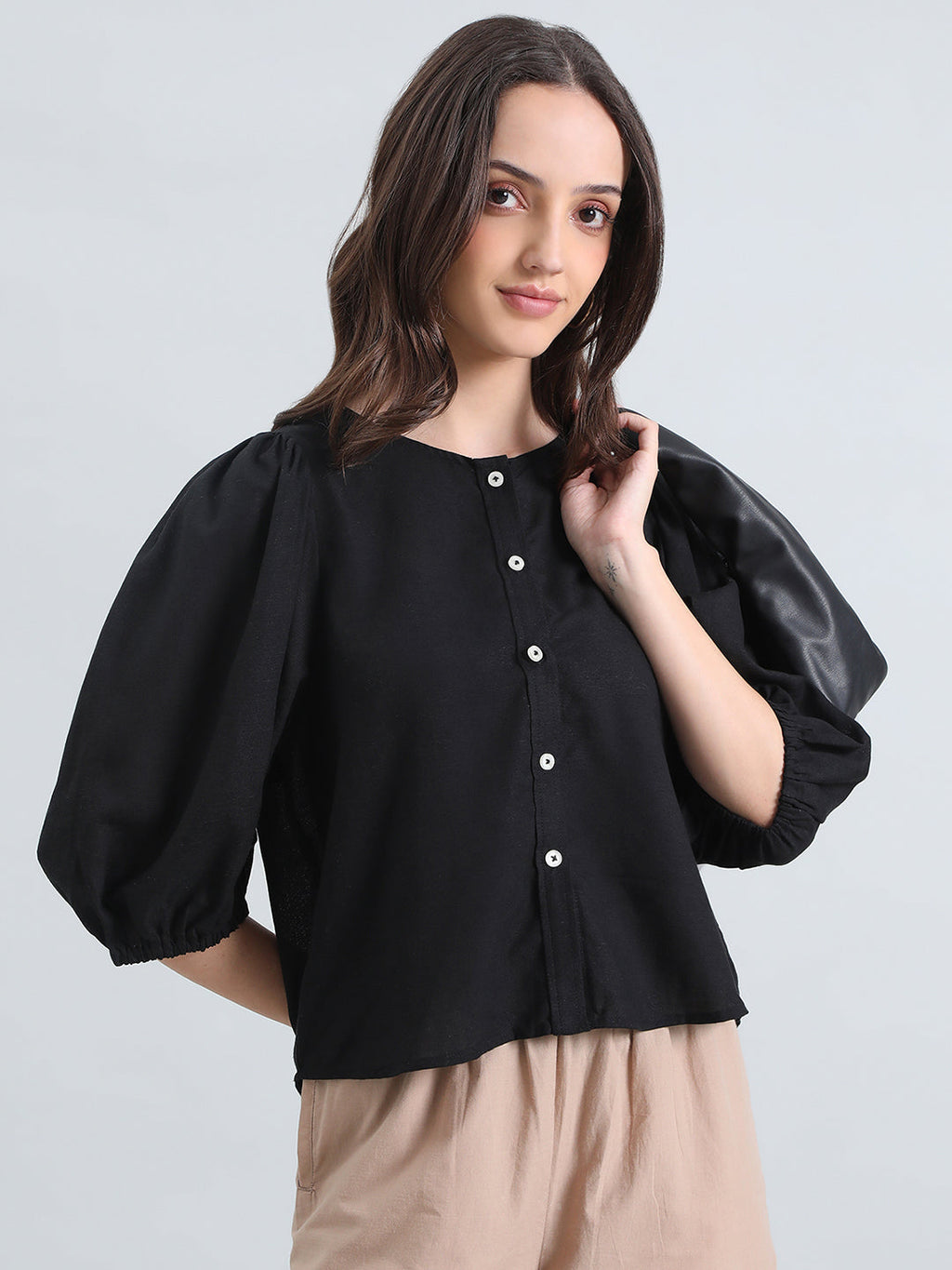 Linen Puff Sleeve Crew Neck Shirt