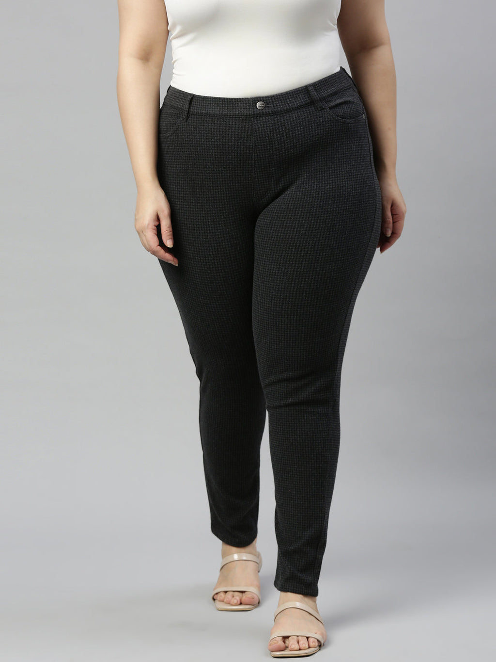 Black Cotton Poly Stretch Stripes Printed Jeggings