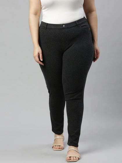 Black Cotton Poly Stretch Stripes Printed Jeggings