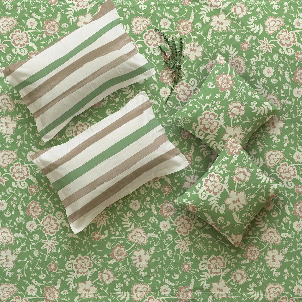 5 PC Cotton Double Bedsheet Set with 2 Pillow + 2 Cushion Covers - Viola Sage Green