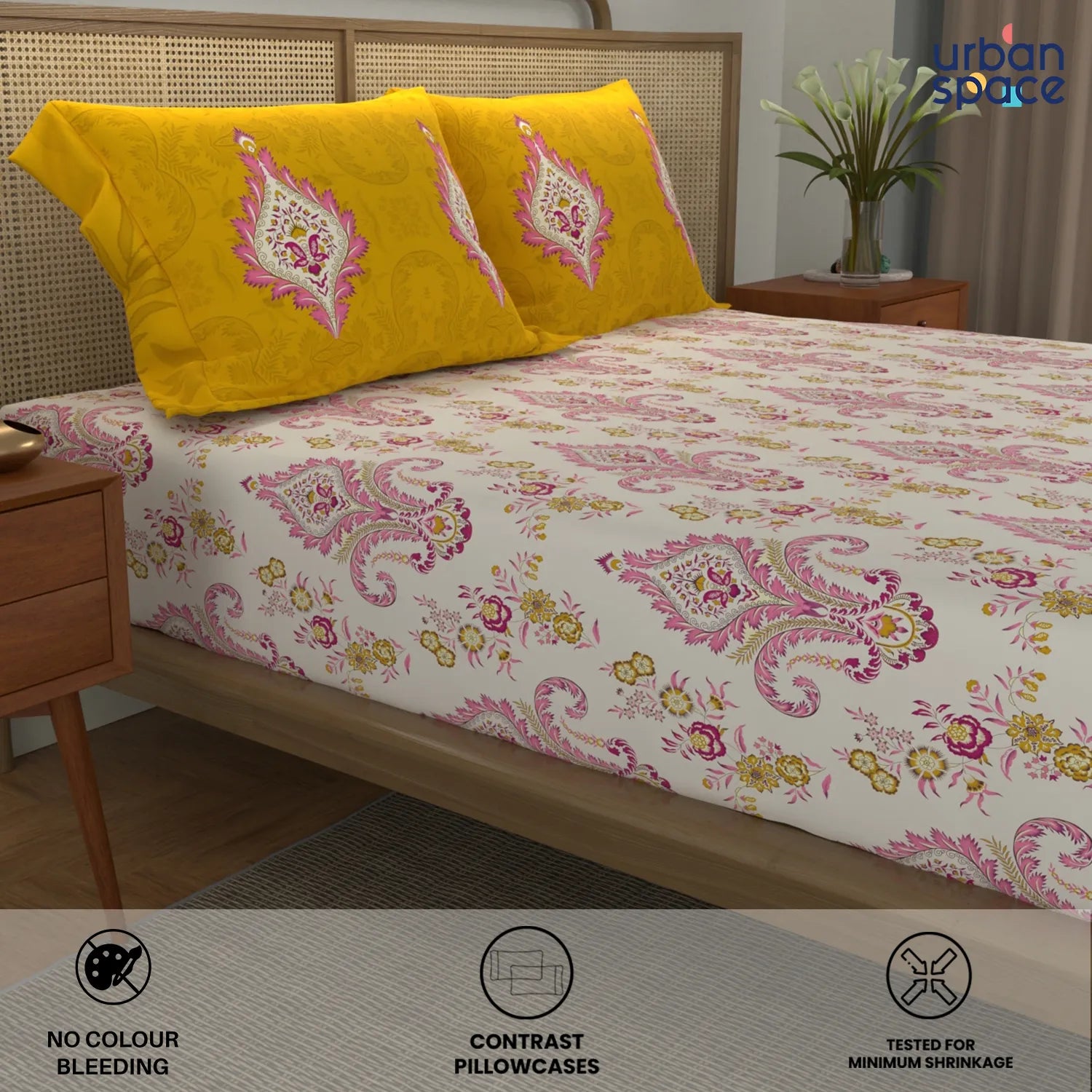 Cotton Double Bedsheet with 3 Cushion Covers in Gift Box Set, Motif Mustard