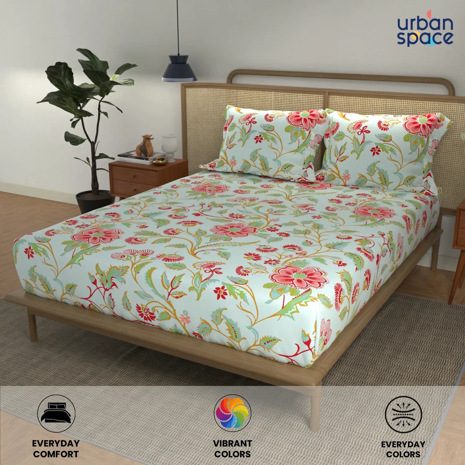 Cotton Double Bedsheet with 3 Cushion Covers in Gift Box Set, Monsoon Skyblue