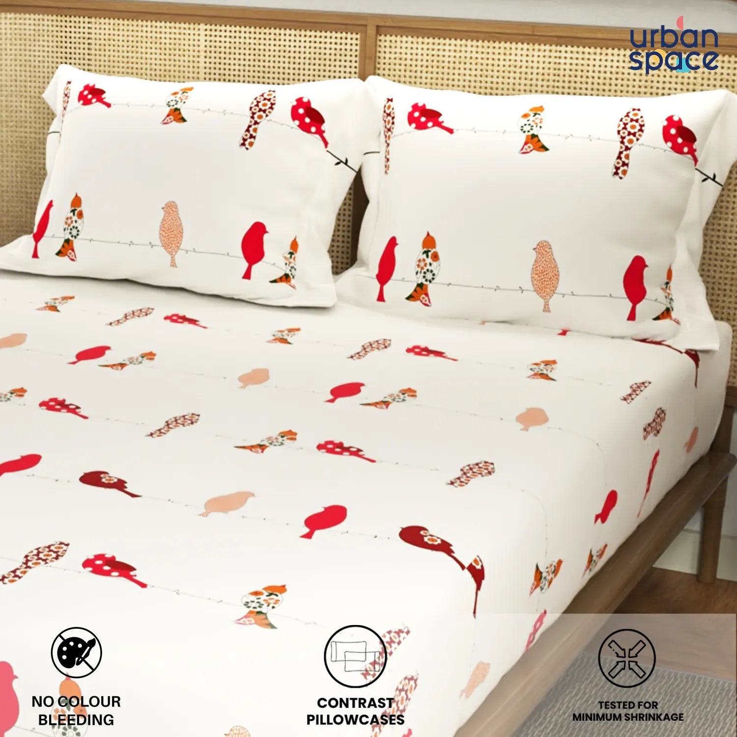 Cotton Double Bedsheet with 3 Cushion Covers in Gift Box Set, Humming Bird Red