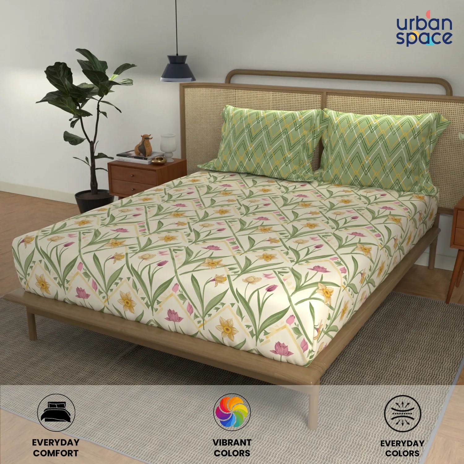 Cotton Double Bedsheet with 3 Cushion Covers in Gift Box Set, Spring Sage