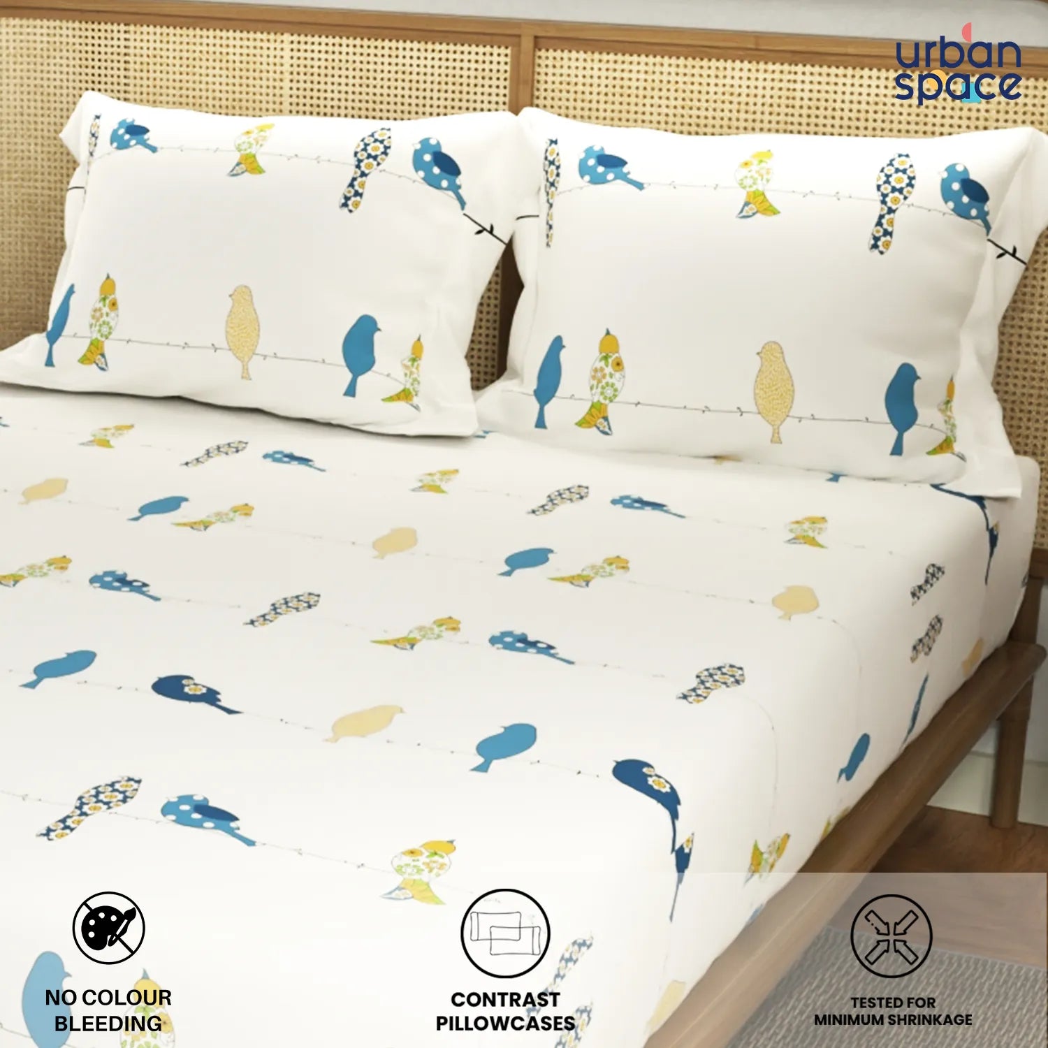 Cotton Double Bedsheet with 3 Cushion Covers in Gift Box Set, Humming Bird Blue