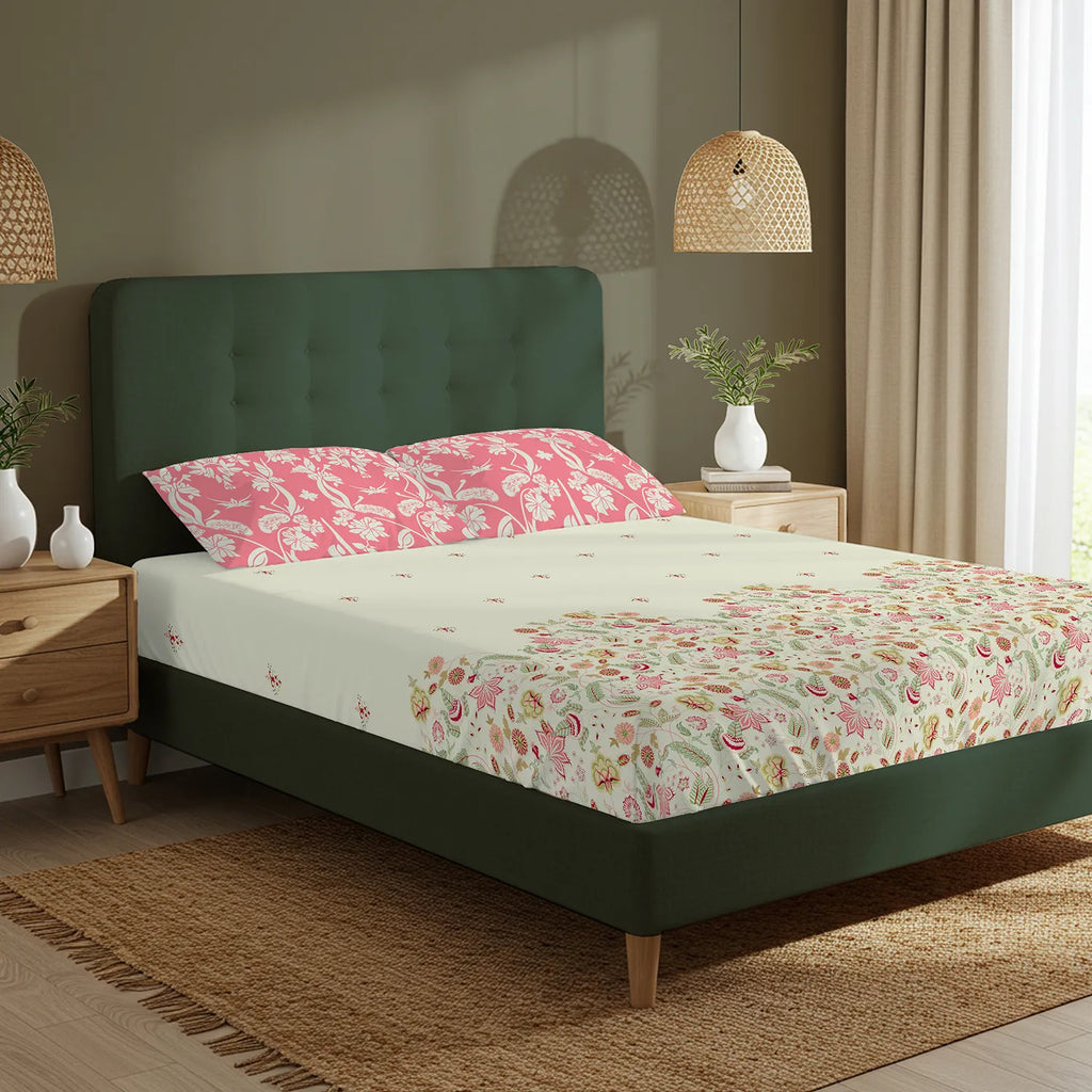 Serene 200 TC 100% Cotton Bedsheet with Pillow Covers - Vine Gardens Peach Pink