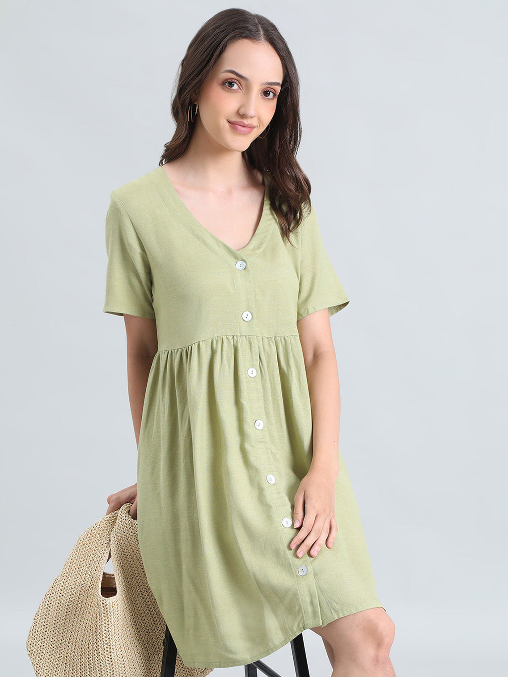 Linen V-Neck Regular Fit Short Dress