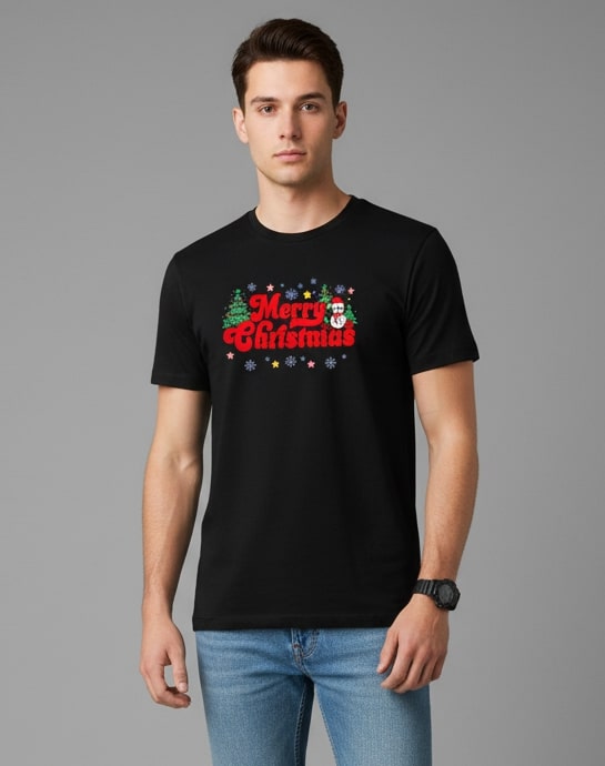 Men Printed Black Cotton Tshirt