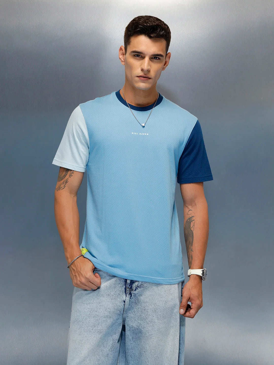 Men's Casual Regular Fit Colorblock T-Shirt | Light Blue