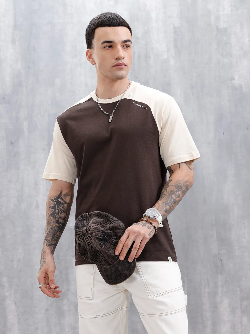 Wrogn Men's Casual Colorblocked T-Shirt  | Dark Brown