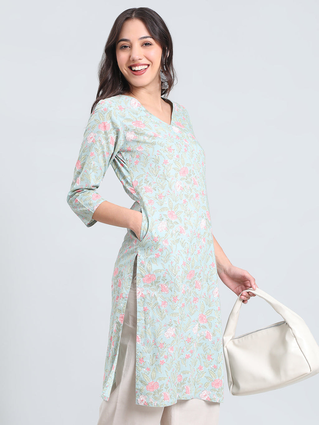 Cotton Floral Block Print Straight Kurta
