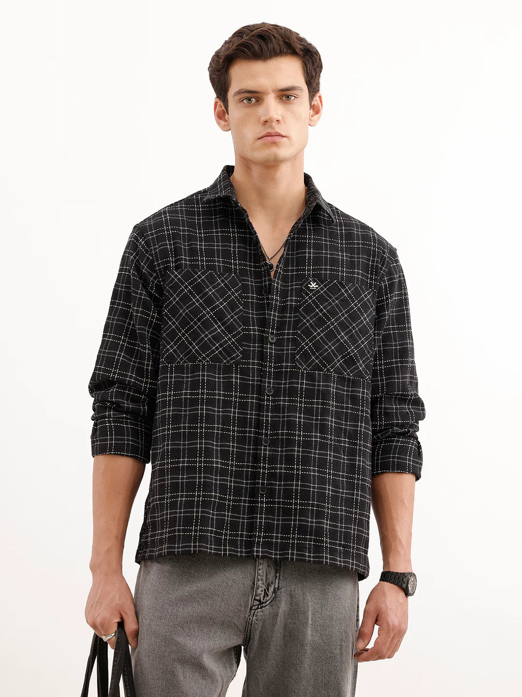 Comfort Fit Textured Double Pocket Shirt  | Black