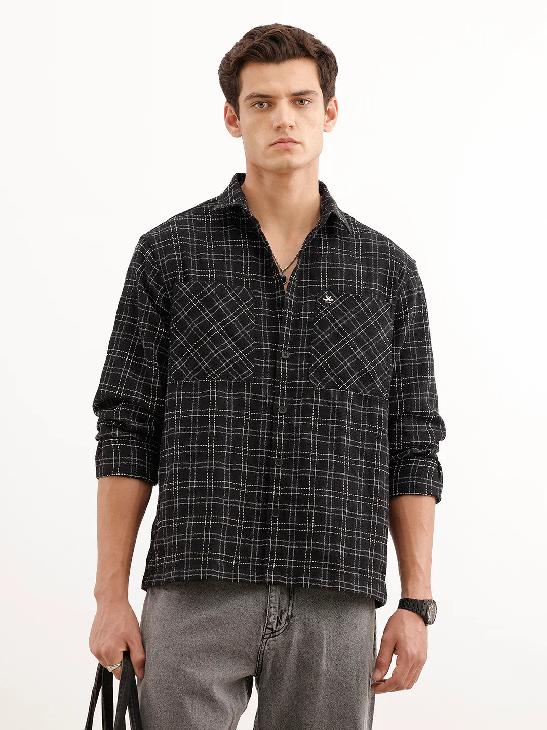 Comfort Fit Textured Double Pocket Shirt  | Black