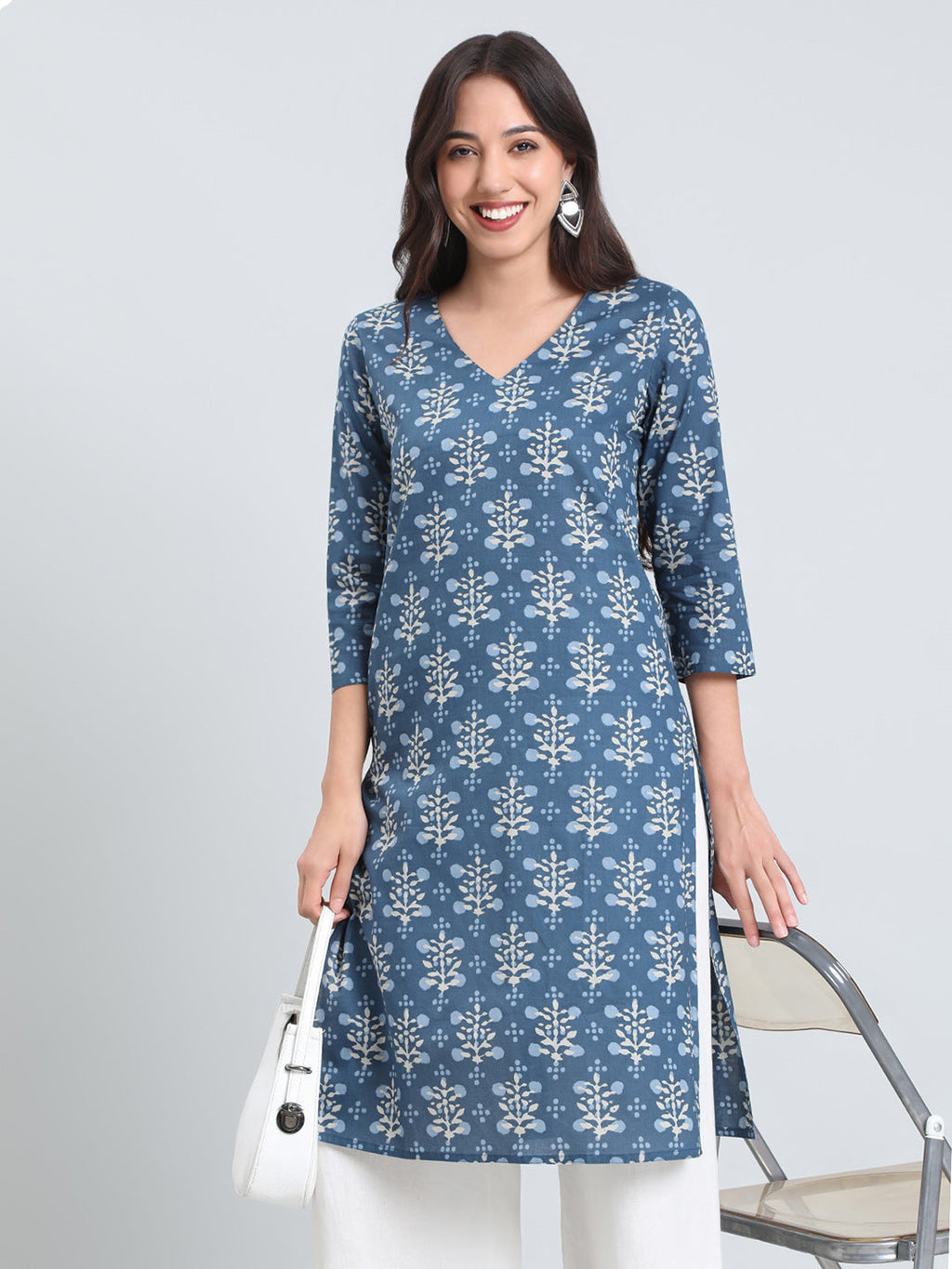 Cotton Floral Block Print Straight Kurta