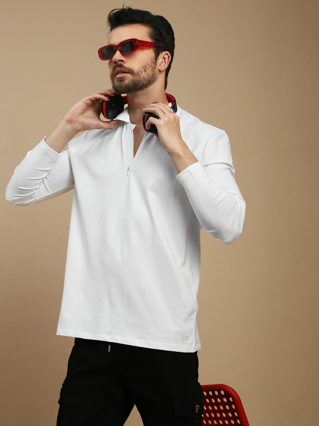 Men White Bonded Zipper Polo T-Shirt