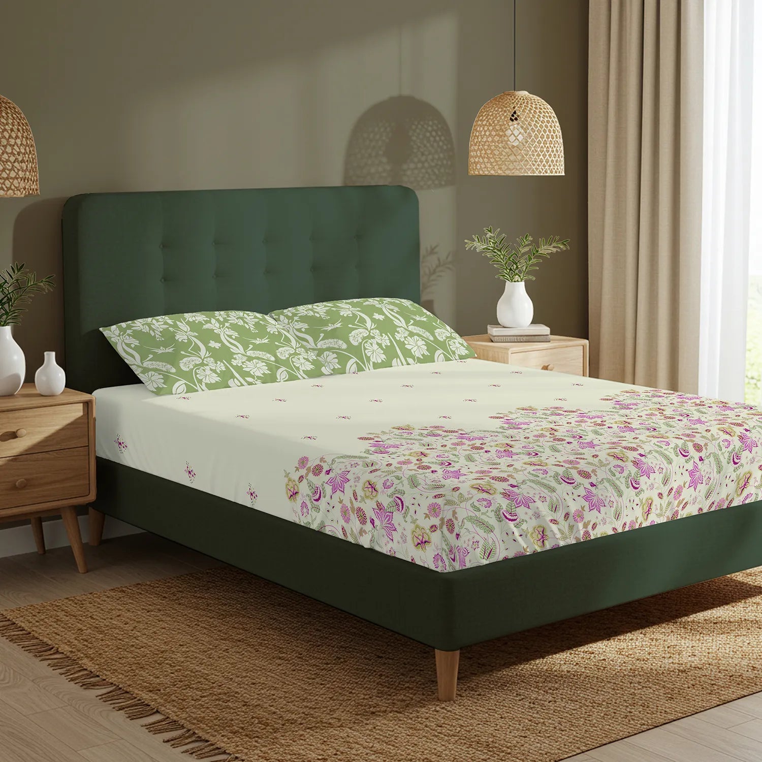 Serene 200 TC 100% Cotton Bedsheet with Pillow Covers - Vine Gardens Sage Green