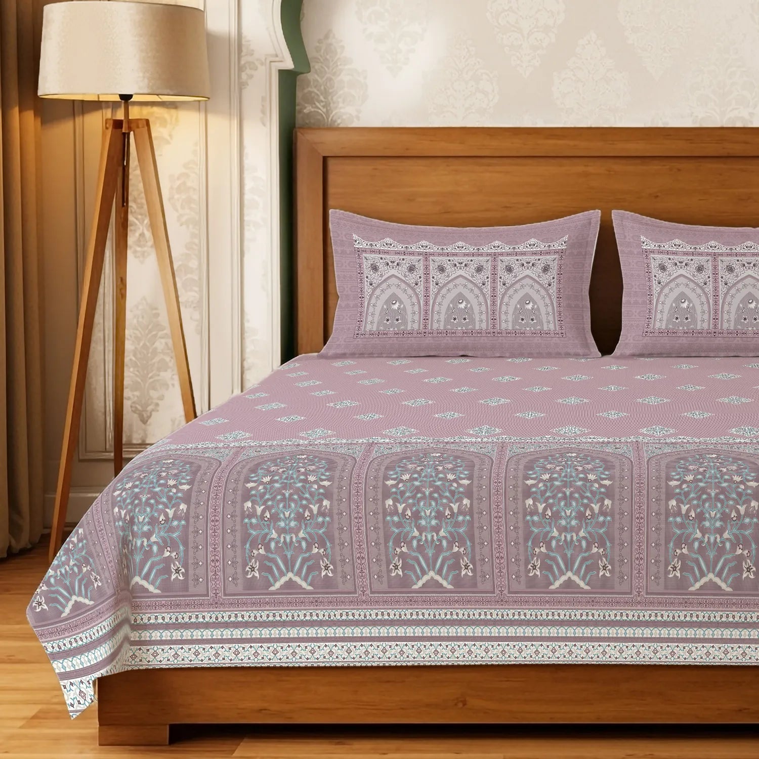 Serene 300 TC 100% Cotton Bedsheet with Pillow Covers, Panel Design - Jharokha Mauve