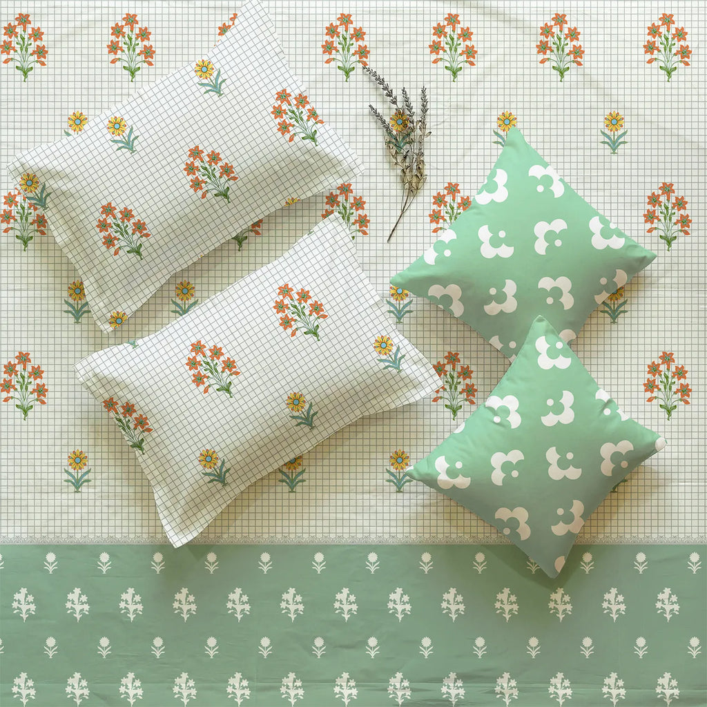 5 PC Cotton Double Bedsheet Set with 2 Pillow + 2 Cushion Covers - Magnolia Sage Green