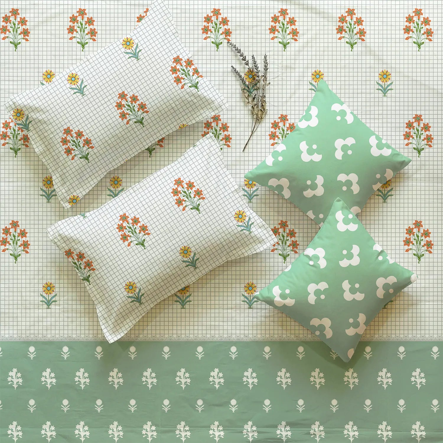 5 PC Cotton Double Bedsheet Set with 2 Pillow + 2 Cushion Covers - Magnolia Sage Green
