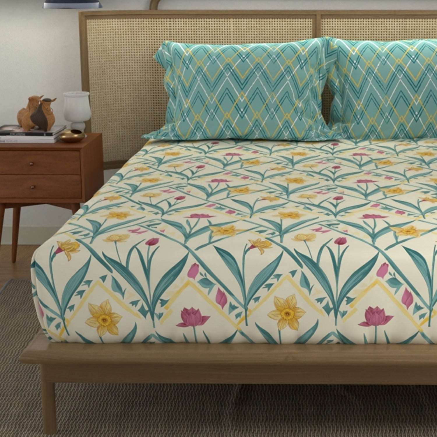 Divine Collection - Cotton Bedsheet With 2 Pillow Covers, Spring Turquoise