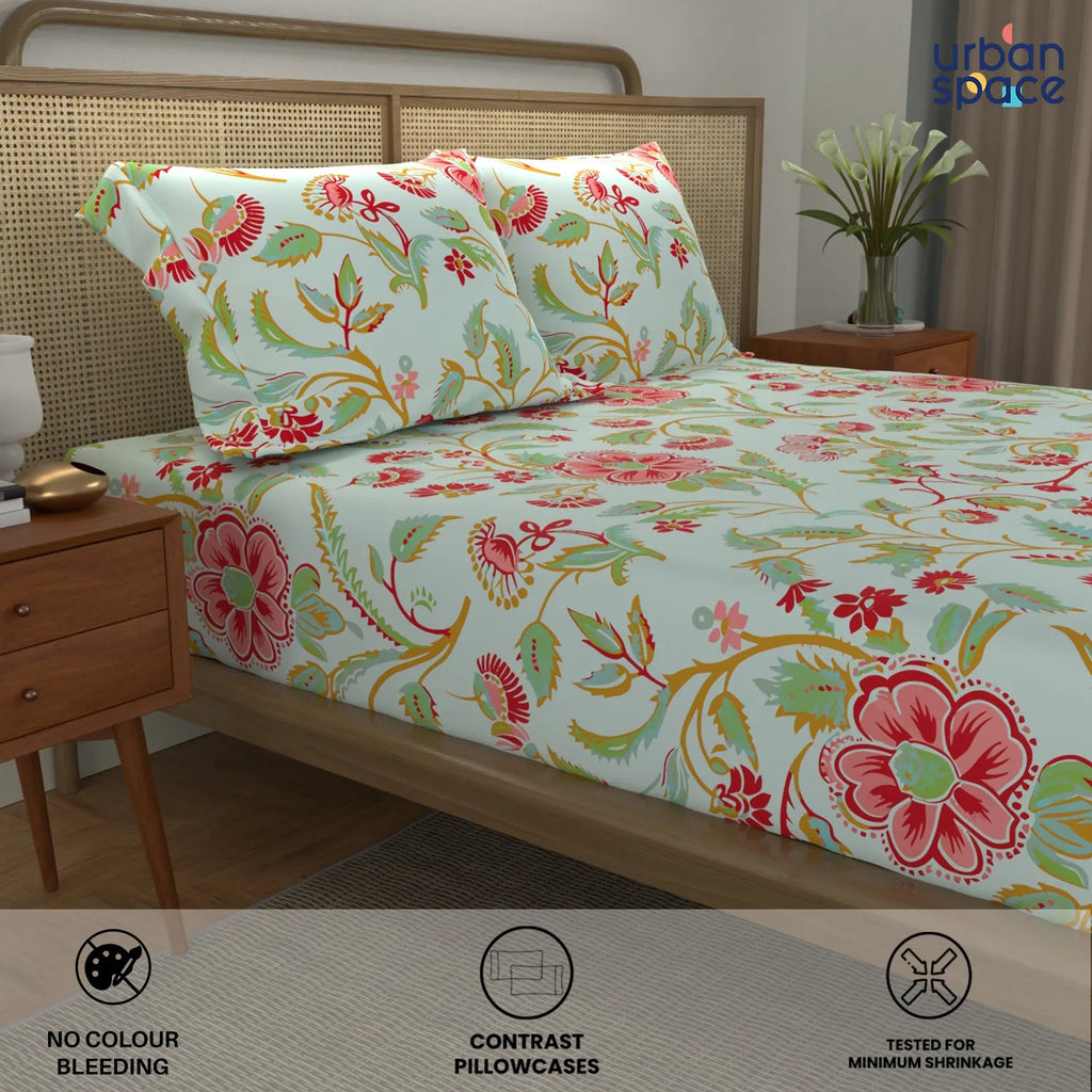 Cotton Double Bedsheet with 3 Cushion Covers in Gift Box Set, Monsoon Skyblue
