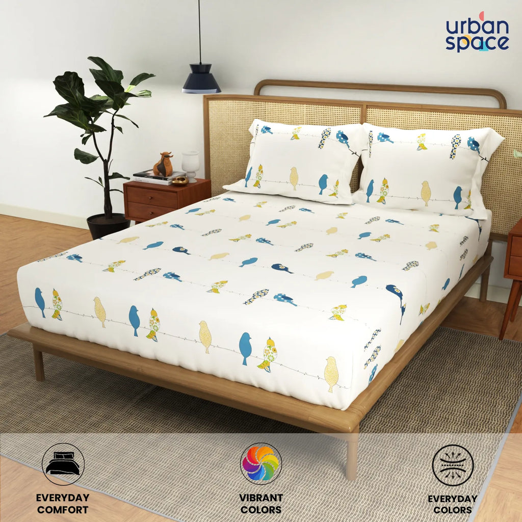 Cotton Double Bedsheet with 3 Cushion Covers in Gift Box Set, Humming Bird Blue