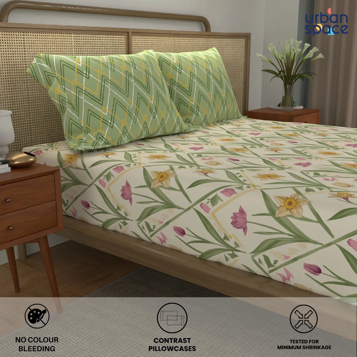 Cotton Double Bedsheet with 3 Cushion Covers in Gift Box Set, Spring Sage