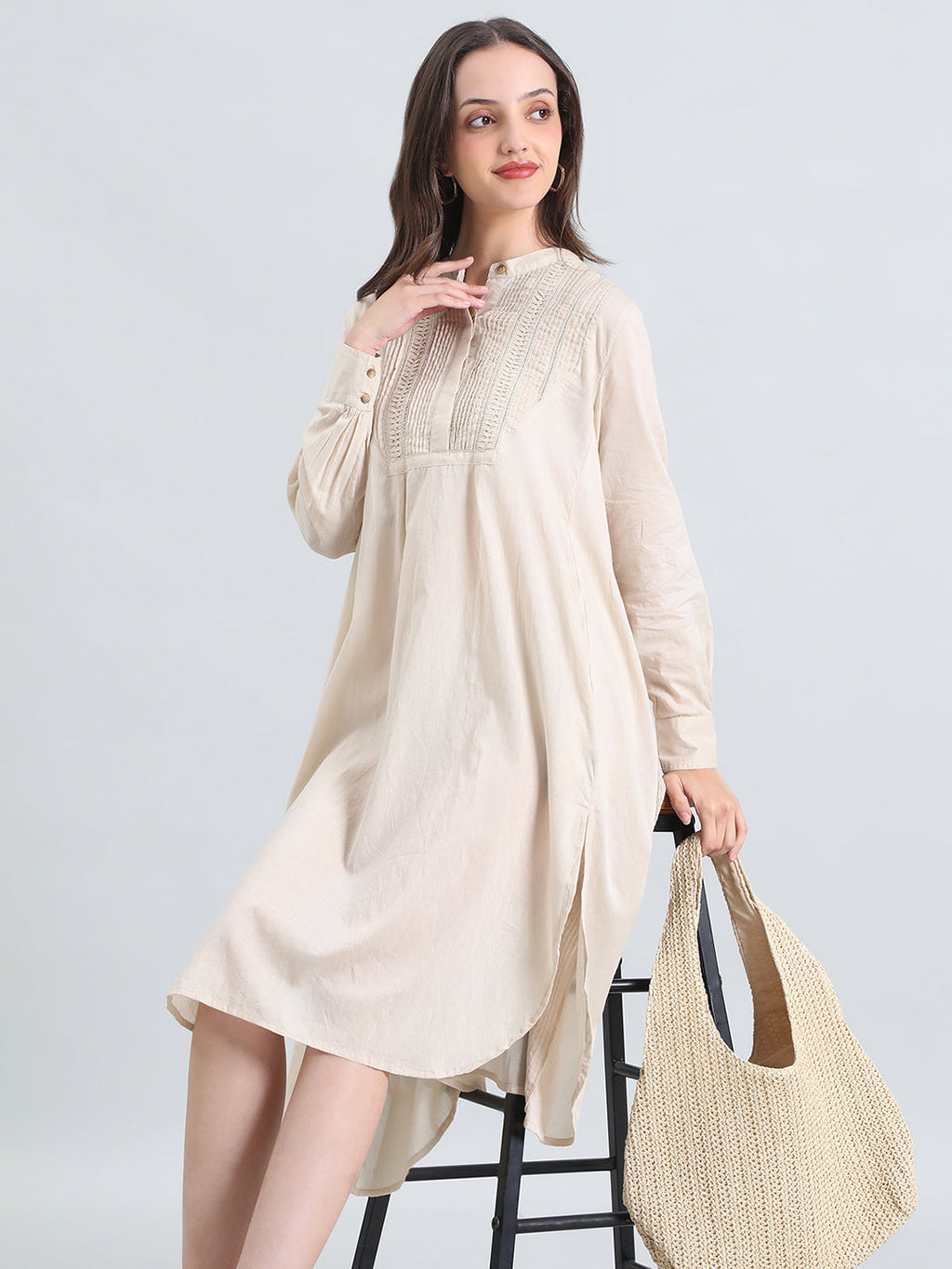 Cotton Pin-Tuck & Lace Trim Mandarin Collar Dress
