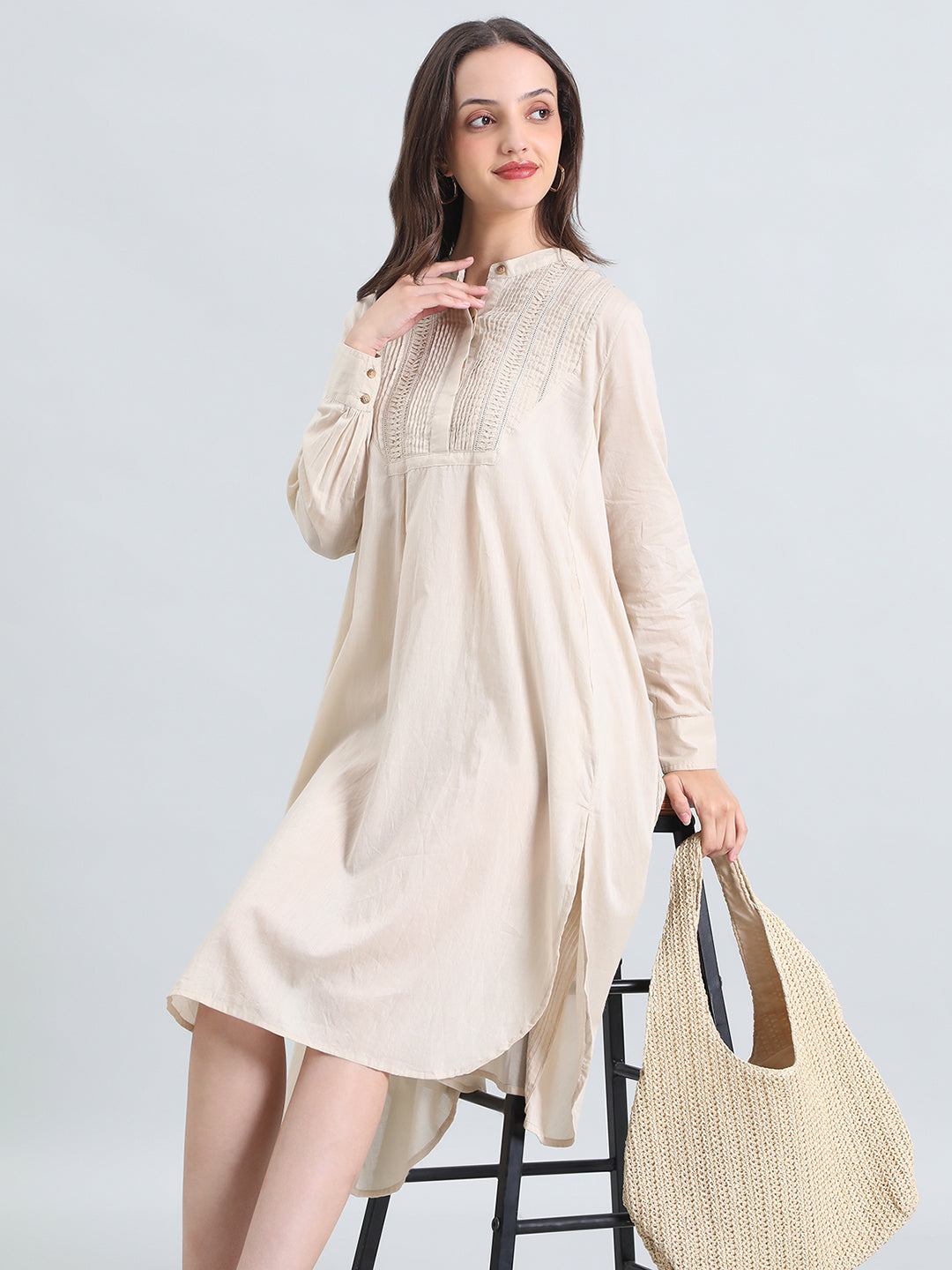 Cotton Pin-Tuck & Lace Trim Mandarin Collar Dress