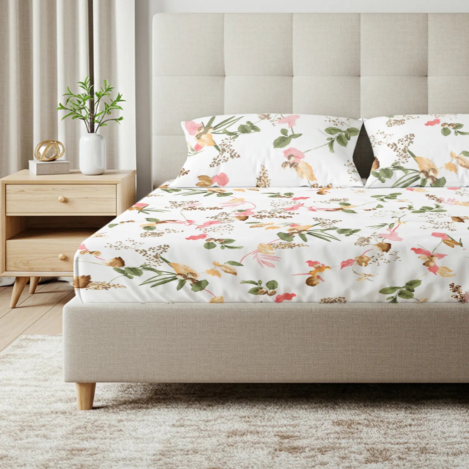 Regal Collection - Breathable 200 TC 100% Pure Cotton Bedsheet with Pillow Cover, Cherry Blossom- Peach