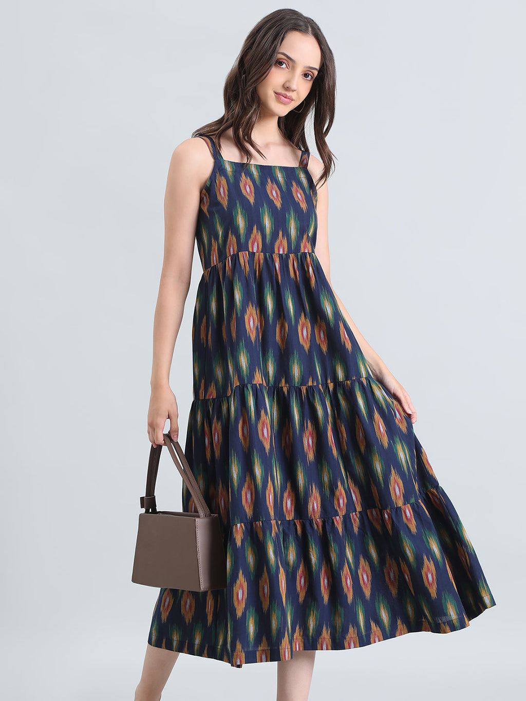 Ikat Print Cotton Smocked Back Tiered Dress