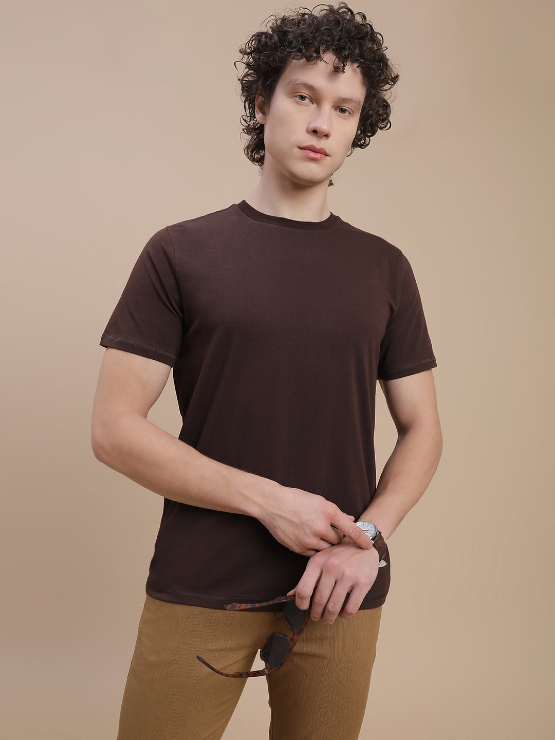 Men Brown Basic Crew Neck T-Shirt