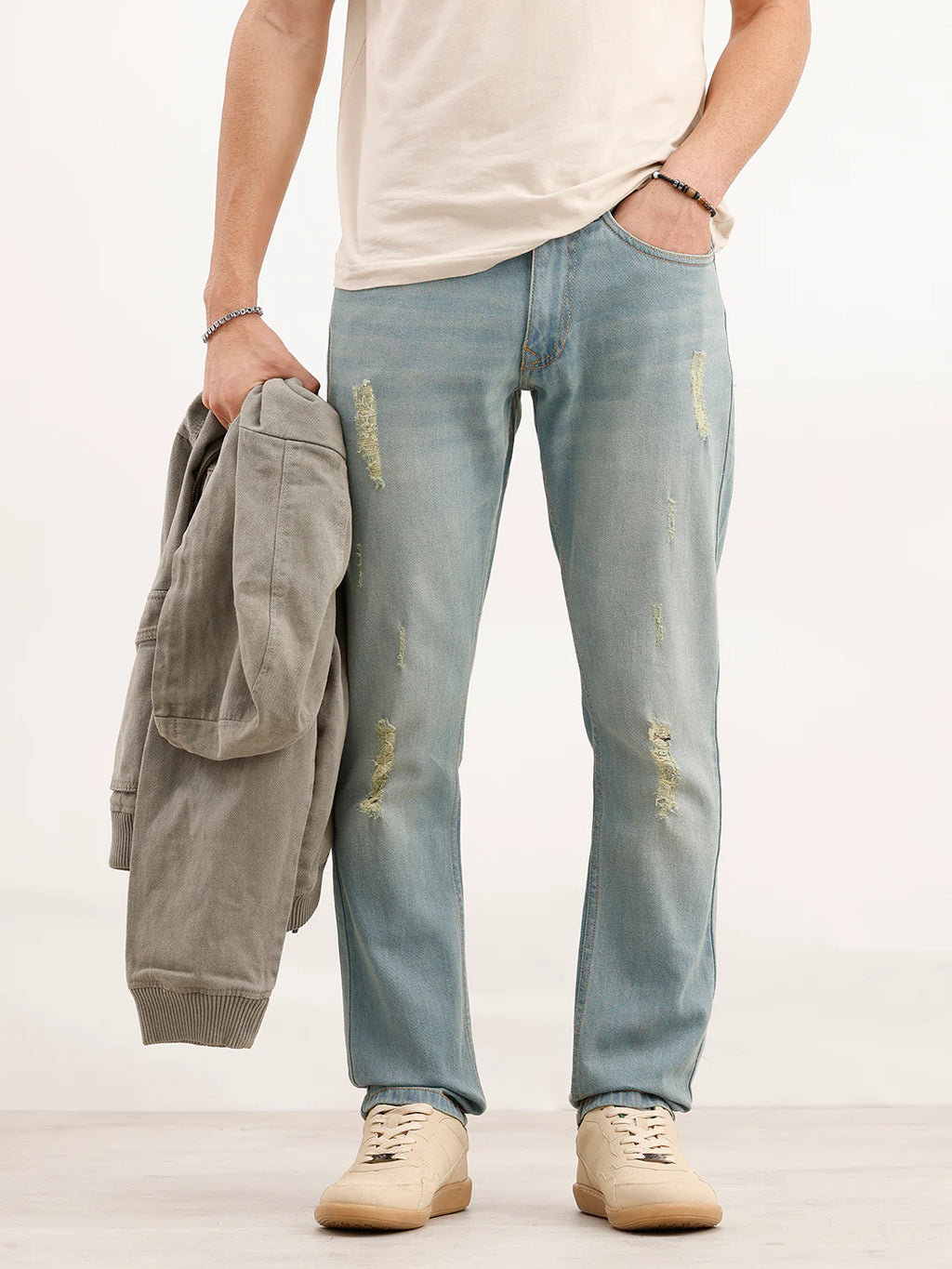 Faded Slim Fit Distressed Denim Jeans | Light Blue