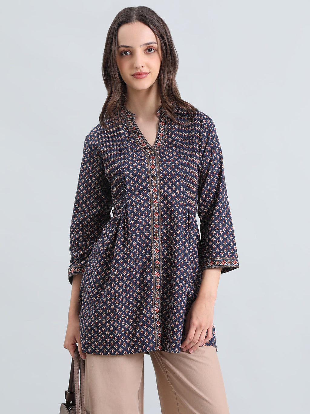 Cotton Ajrakh Buti Print Pintuck Short Kurti