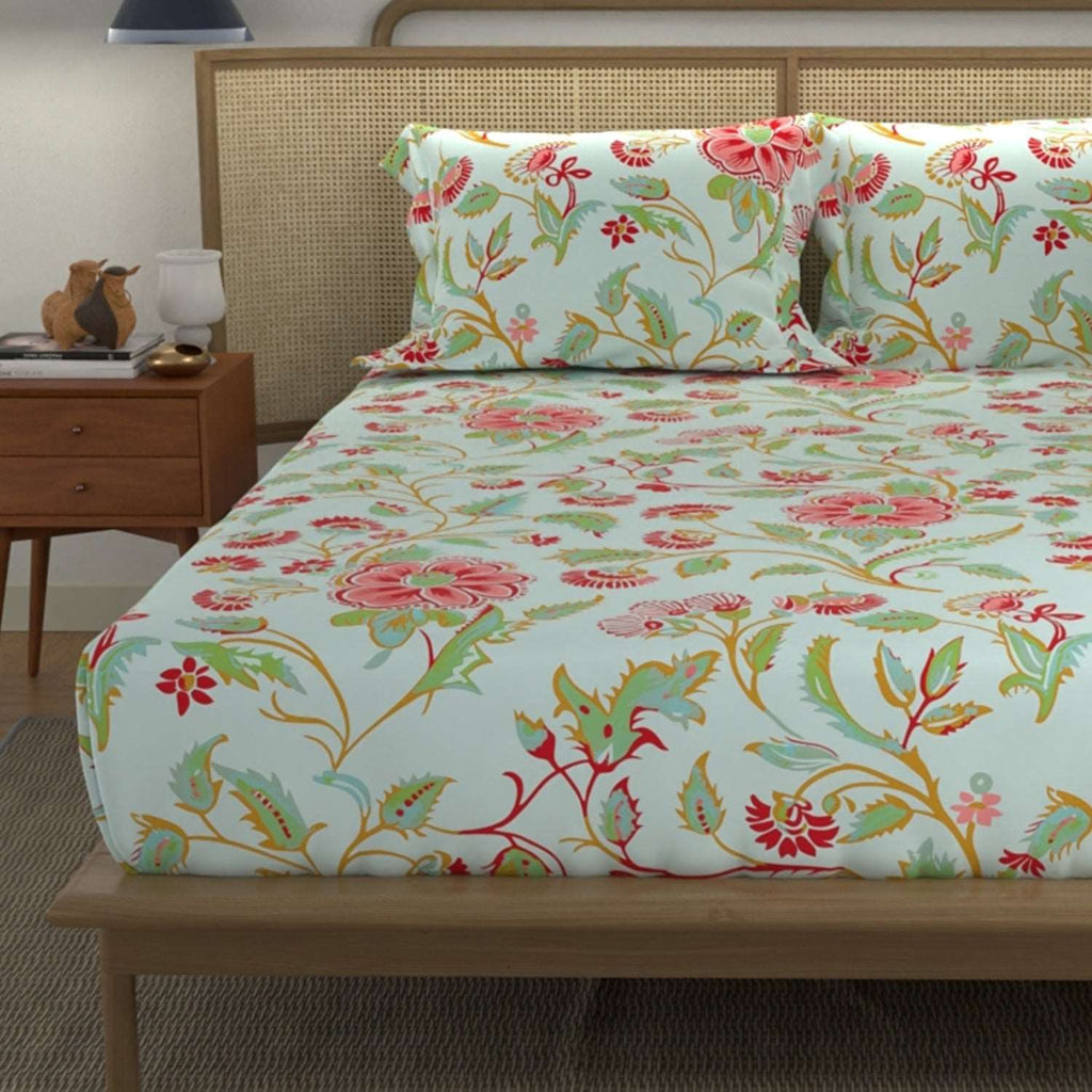 Divine Collection - Cotton Bedsheet With 2 Pillow Covers, Monsoon Skyblue