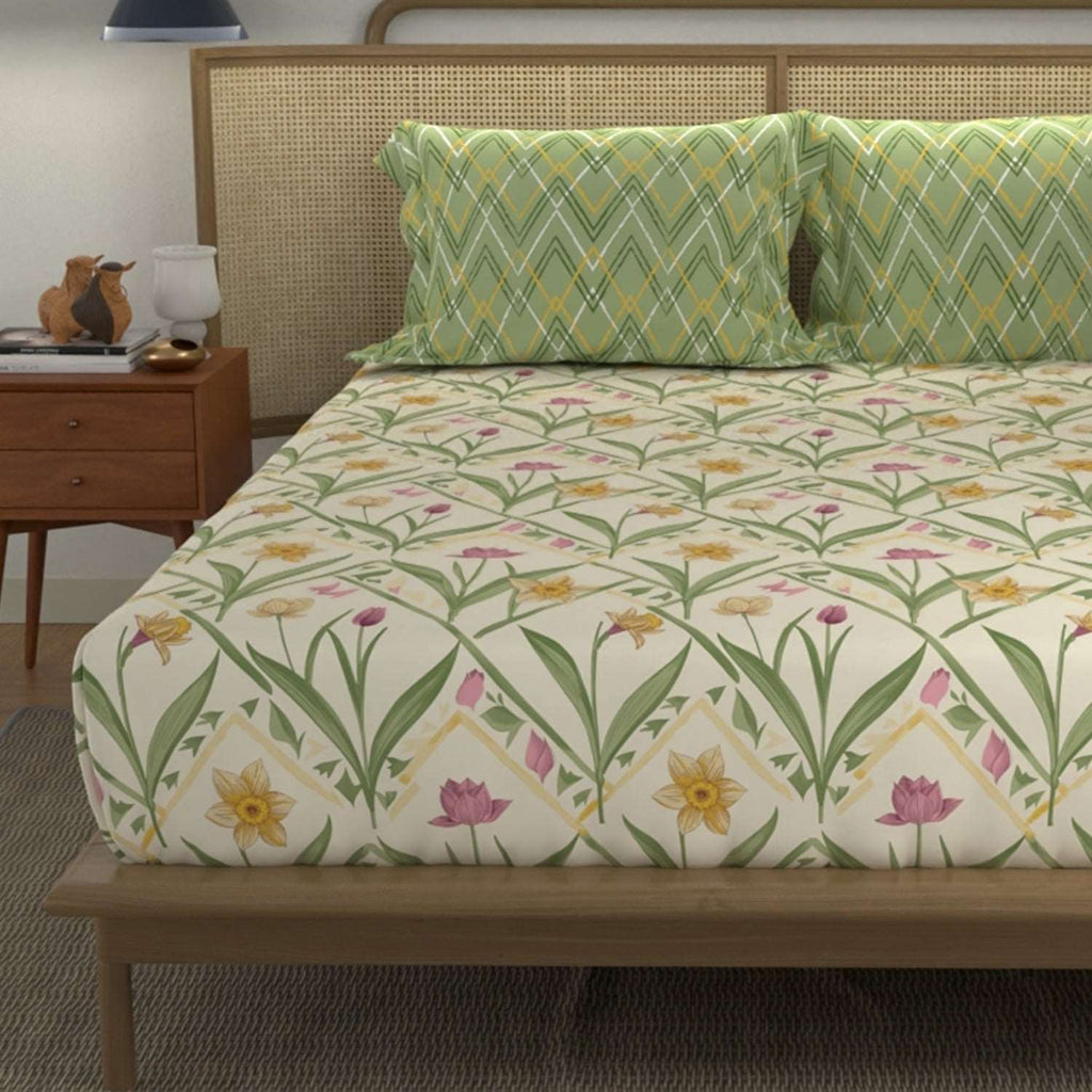Divine Collection - Cotton Bedsheet With 2 Pillow Covers, Spring Sage Green