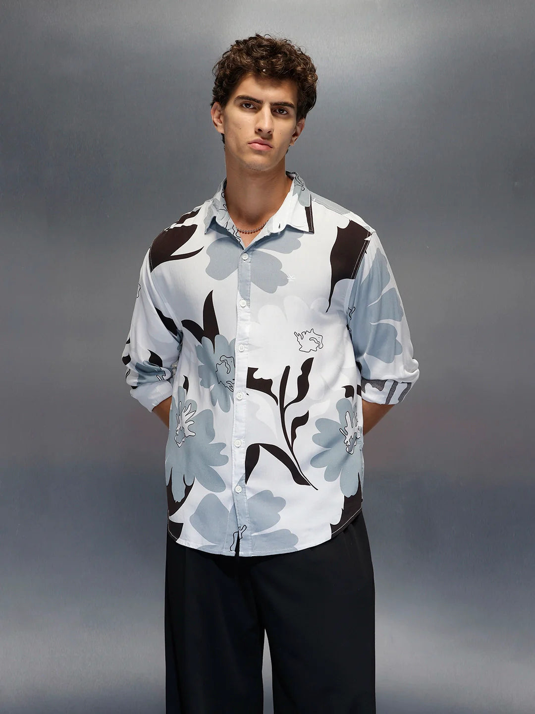 Men's Casual Comfort Fit Floral Printed Shirt  |  Grey
