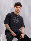 Contrast Stitch Detail Oversized Fit T-shirt With Logo Embroidery | Black