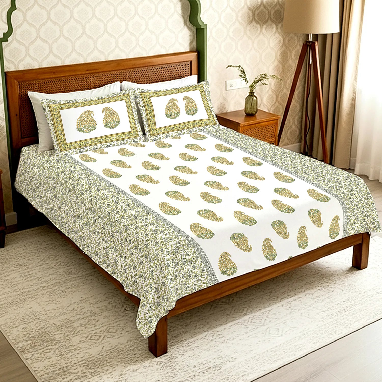 Serene 300 TC 100% Cotton Bedsheet with Pillow Covers, Panel Design - Kairavi Soft Yellow