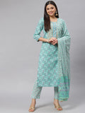 Divena Seagreen Cotton kurta Pant set with Dupatta